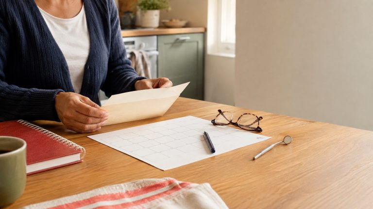 Adult reviewing a plain envelope and calendar beside glasses and a dental mirror at a kitchen table
