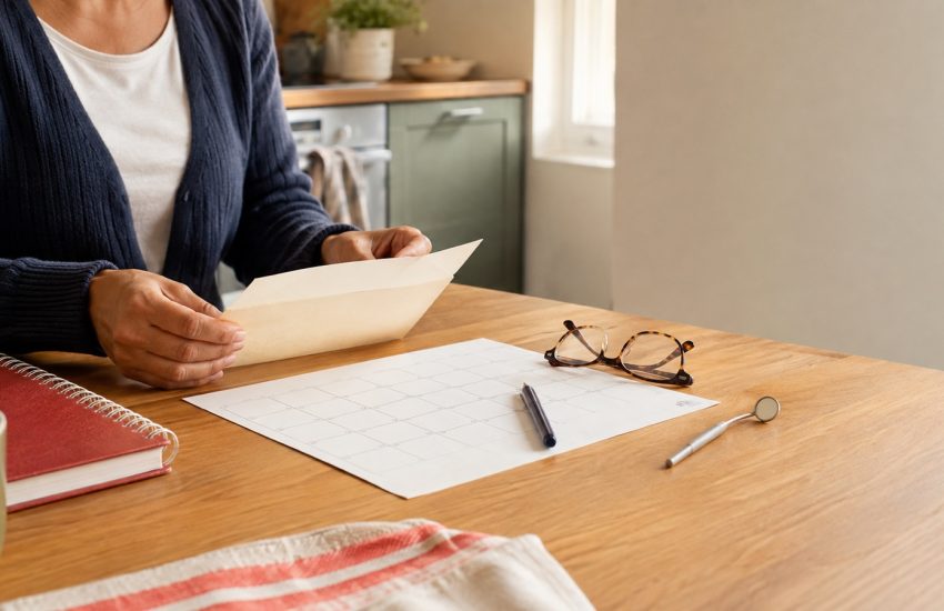 Adult reviewing a plain envelope and calendar beside glasses and a dental mirror at a kitchen table