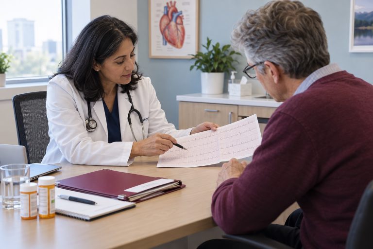 Cardiologist and patient calmly reviewing a heart rhythm printout in a bright clinic