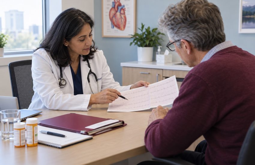 Cardiologist and patient calmly reviewing a heart rhythm printout in a bright clinic