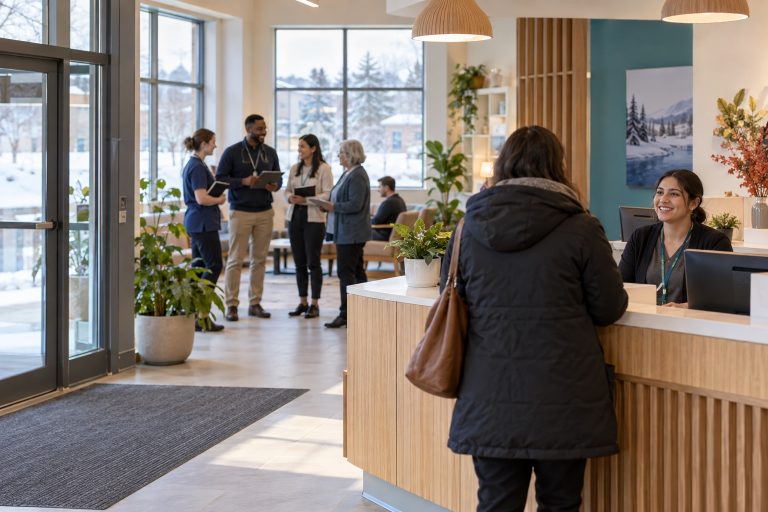 Visitor at a warm community health centre reception with an interprofessional care team nearby