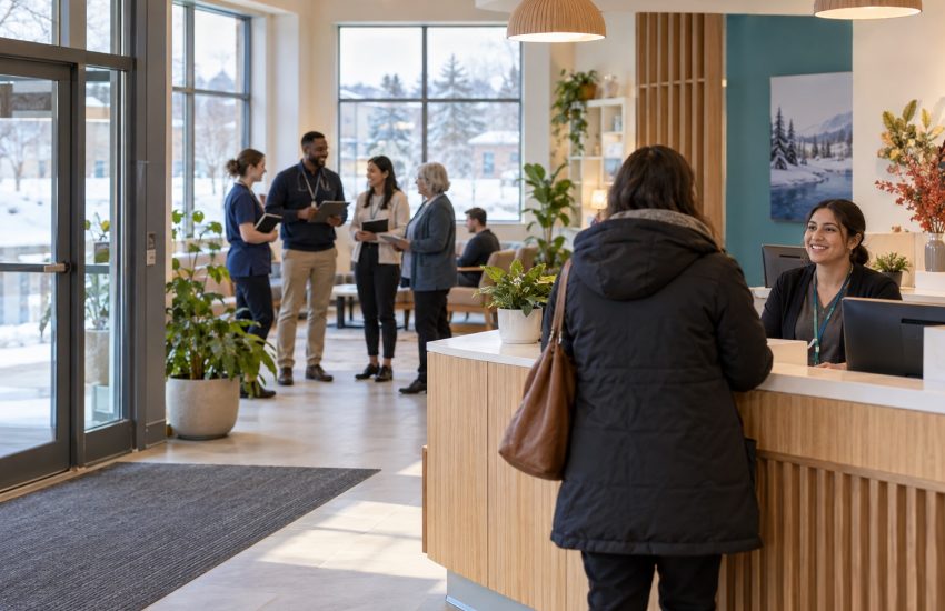 Visitor at a warm community health centre reception with an interprofessional care team nearby