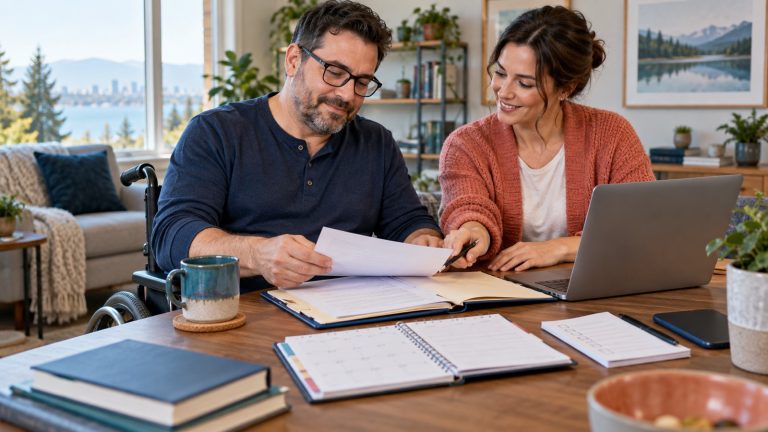 Disabled adult and support person organizing CPP disability forms at a kitchen table