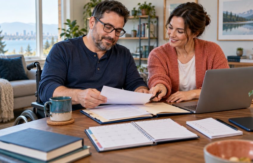 Disabled adult and support person organizing CPP disability forms at a kitchen table