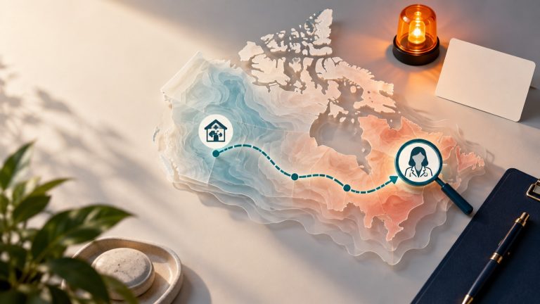 Layered map of Canada with a route from primary care to a dermatologist and an amber urgency beacon