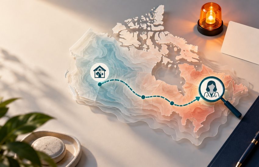 Layered map of Canada with a route from primary care to a dermatologist and an amber urgency beacon