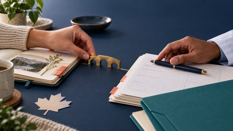 Applicant and medical practitioner connecting a daily-life journal to a form with a small brass bridge