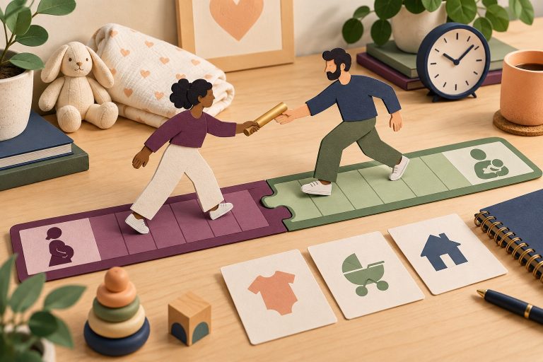 Two parents coordinating a benefits relay across connected leave calendars