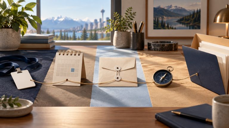 A Canadian benefits desk divided into four paths with a work badge, calendar, document envelope and compass