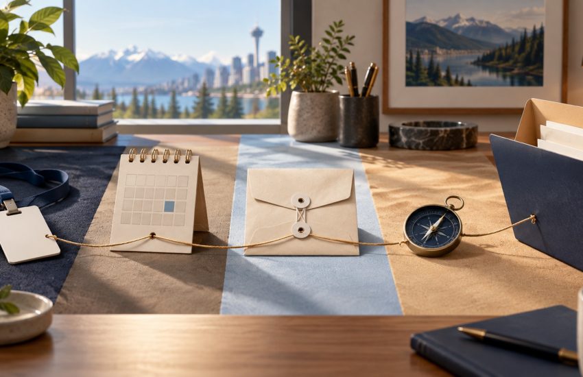A Canadian benefits desk divided into four paths with a work badge, calendar, document envelope and compass