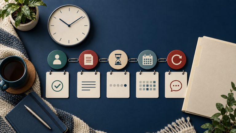 Calm claim timeline arranged around a clock with blank work records and a medical certificate folder