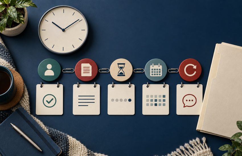Calm claim timeline arranged around a clock with blank work records and a medical certificate folder