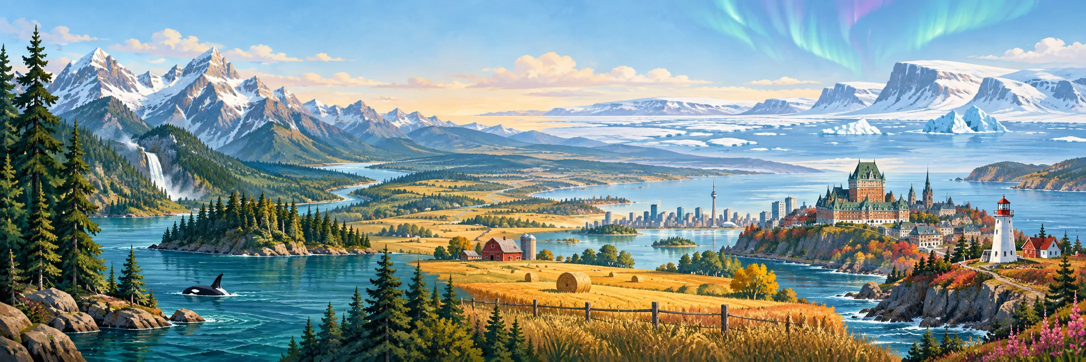 Illustrated panorama of Canada's Pacific coast, Rockies, prairies, eastern cities, Atlantic shoreline and North.
