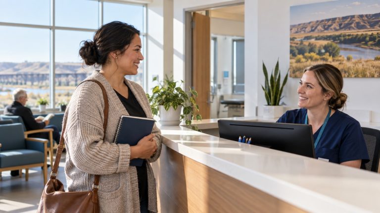 Lethbridge resident speaking with a clinic receptionist about family doctor registration