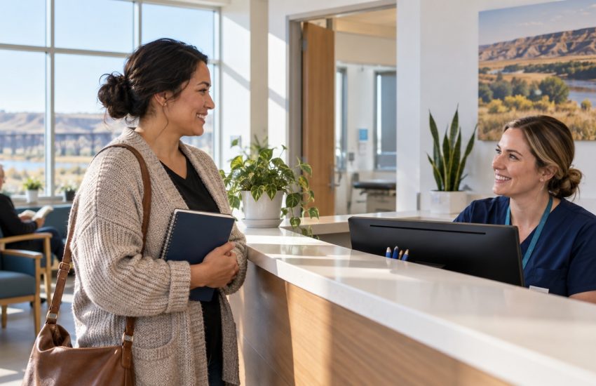 Lethbridge resident speaking with a clinic receptionist about family doctor registration