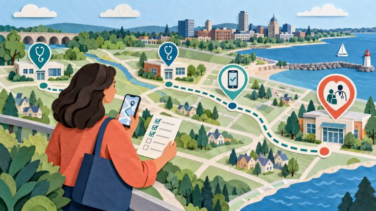 Paper-cut Oshawa map showing a patient checking several family-clinic routes by phone