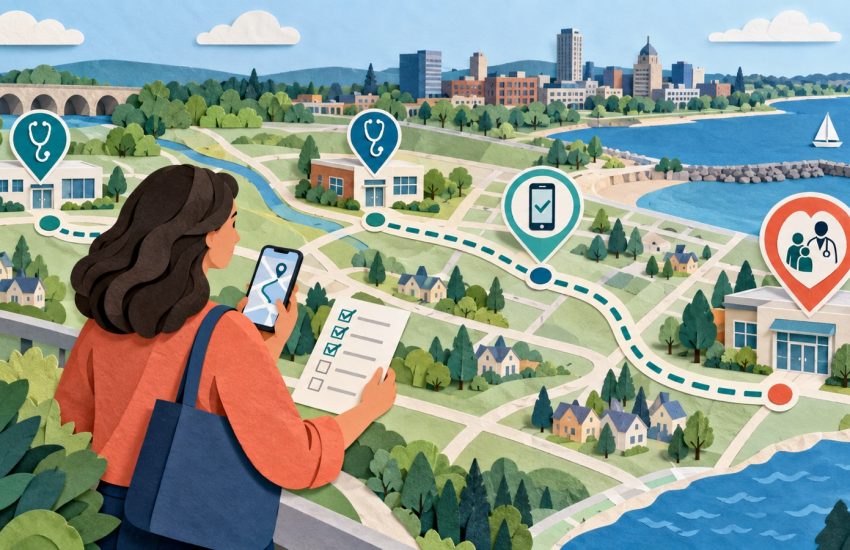 Paper-cut Oshawa map showing a patient checking several family-clinic routes by phone