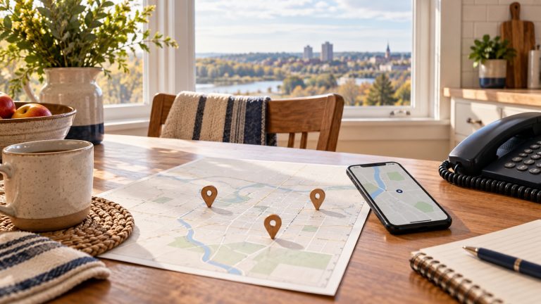 Paper map, three wooden route markers and a phone on a Red Deer kitchen table