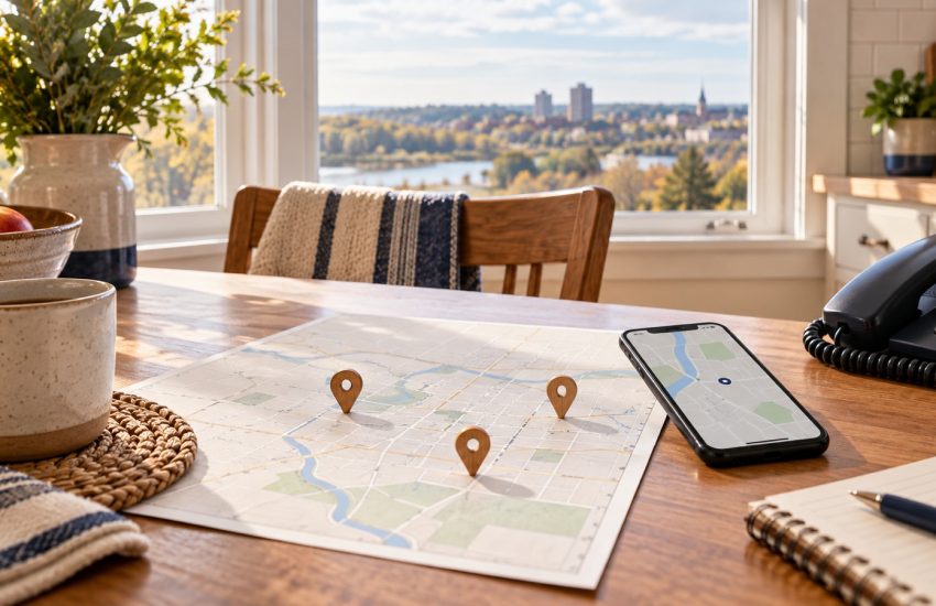 Paper map, three wooden route markers and a phone on a Red Deer kitchen table