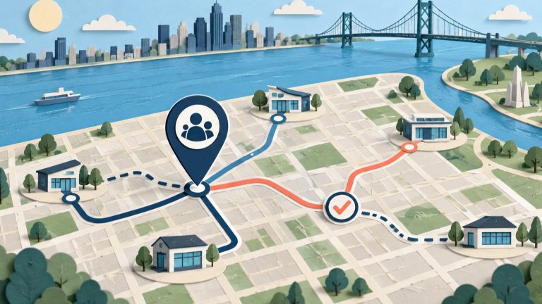 Paper-cut Windsor river map linking several clinic routes to a verification checkpoint