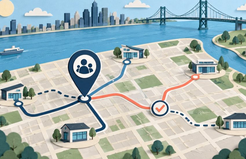 Paper-cut Windsor river map linking several clinic routes to a verification checkpoint