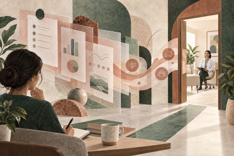 Patient organizing referral records along a clear path toward a gastroenterology consultation