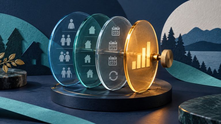 Layered glass household and calendar dials with a warm amber indicator