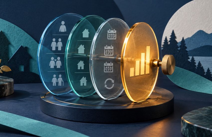 Layered glass household and calendar dials with a warm amber indicator