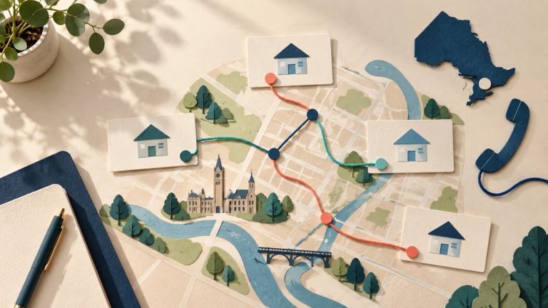 Paper map of Guelph linking four primary-care clinic cards with coloured verification routes