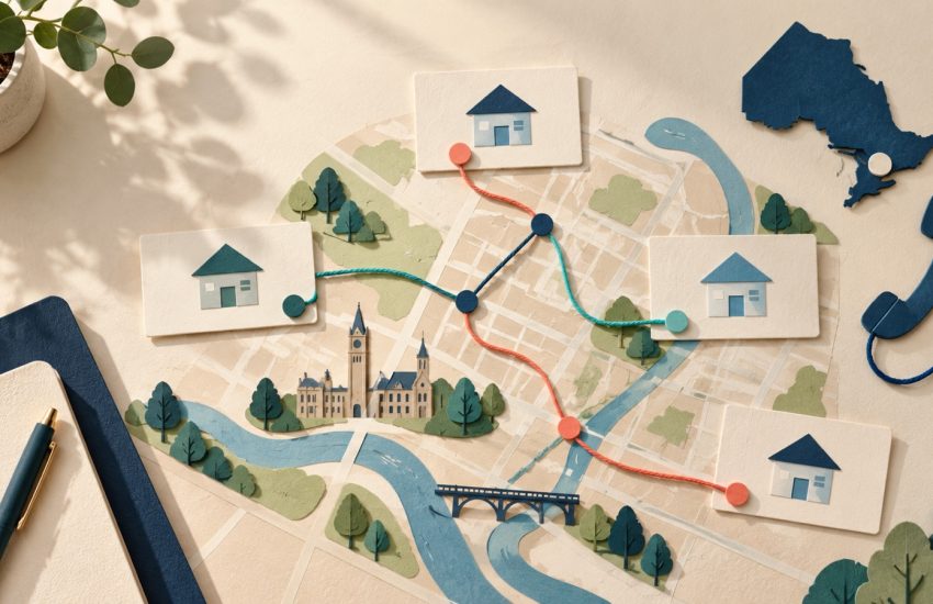 Paper map of Guelph linking four primary-care clinic cards with coloured verification routes