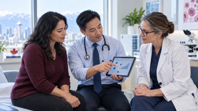 Patient, primary care clinician and hematologist reviewing a blood test referral together