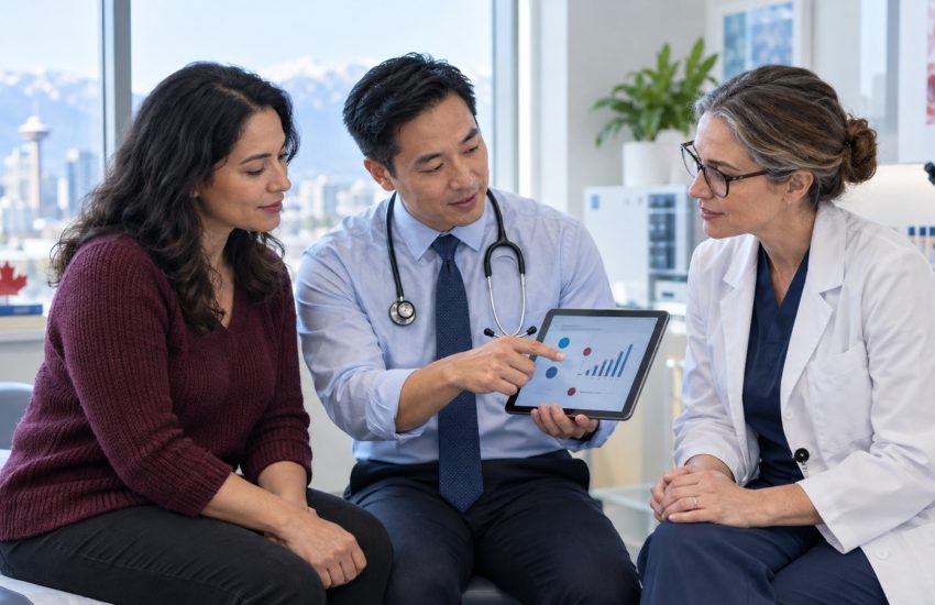 Patient, primary care clinician and hematologist reviewing a blood test referral together
