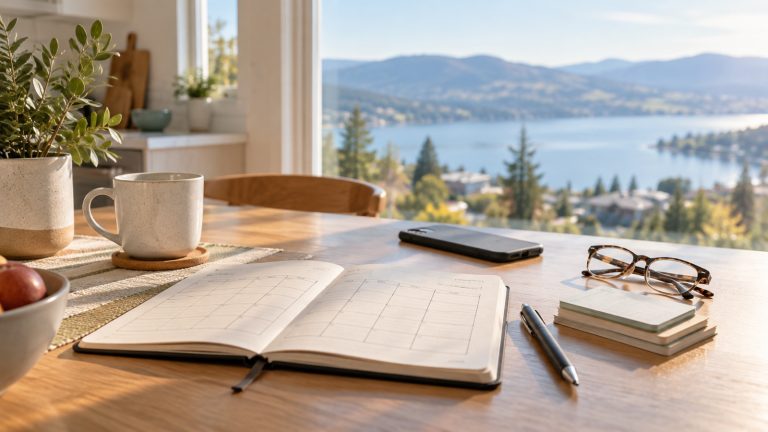 Notebook, phone and glasses on a Kelowna kitchen table used to organize a family doctor search