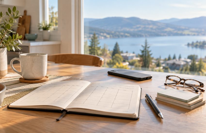 Notebook, phone and glasses on a Kelowna kitchen table used to organize a family doctor search