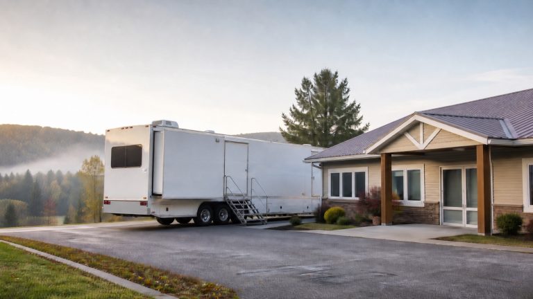 Unbranded mobile breast-screening coach beside a Canadian community clinic at dawn