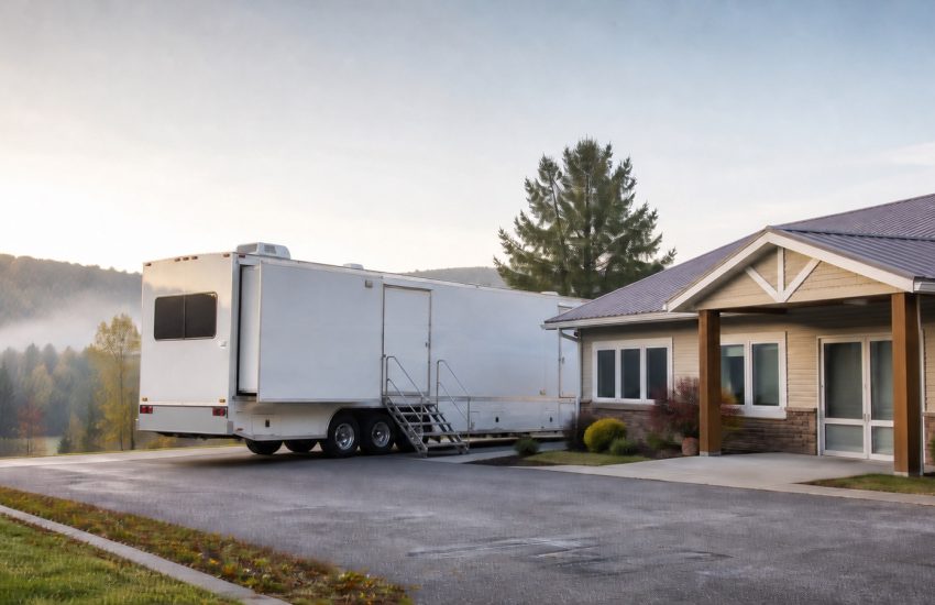 Unbranded mobile breast-screening coach beside a Canadian community clinic at dawn