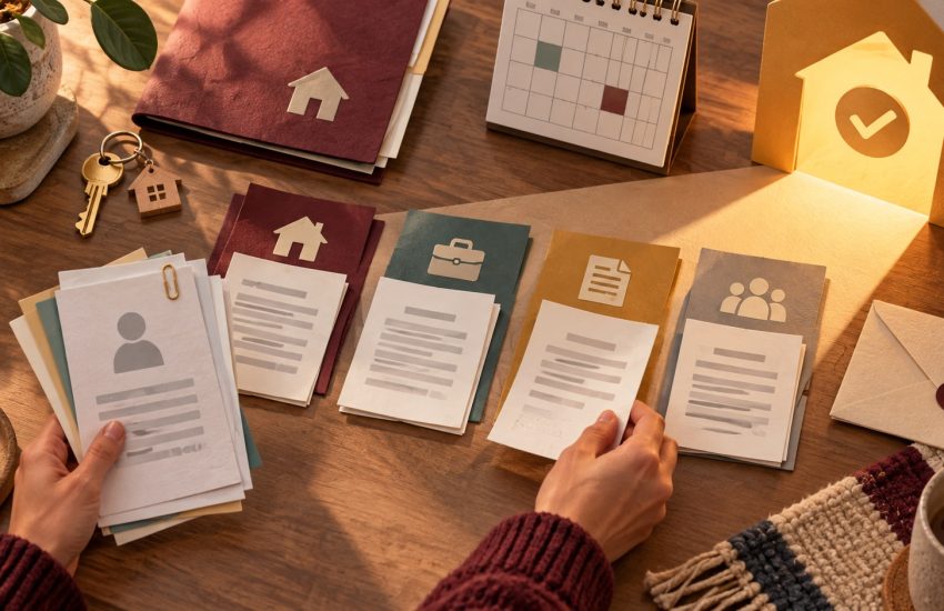 Hands sorting a Manitoba Rent Assist application into housing and income evidence groups