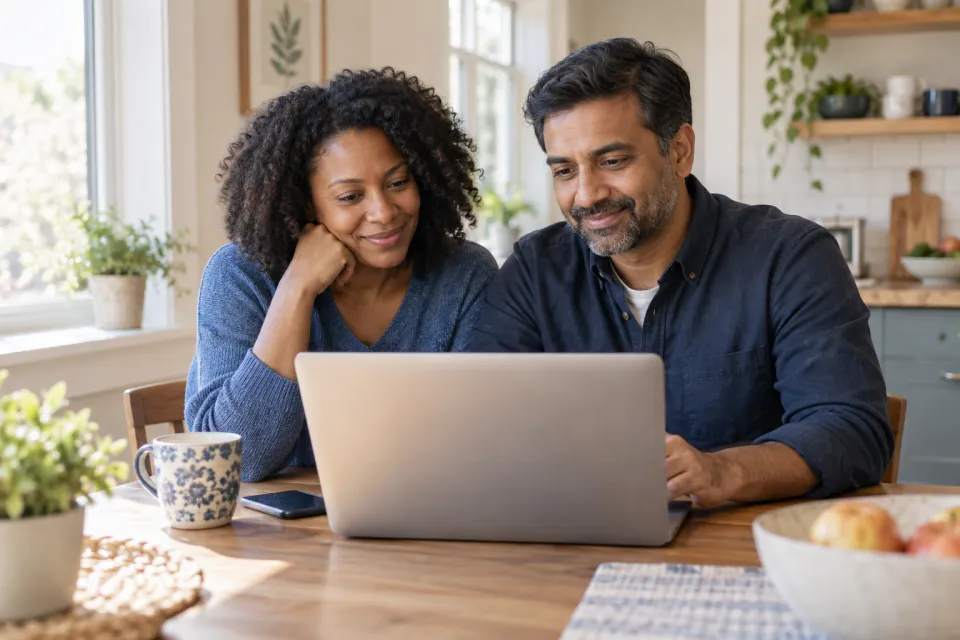 Two adults looking at a laptop together at home.