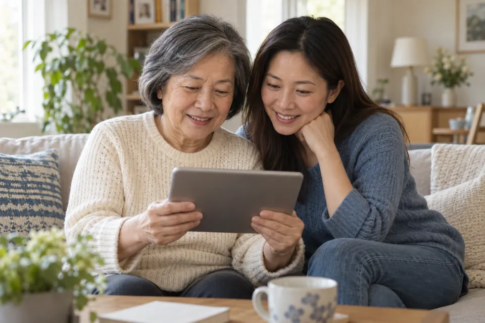 An older woman and a younger adult looking at a tablet together at home.