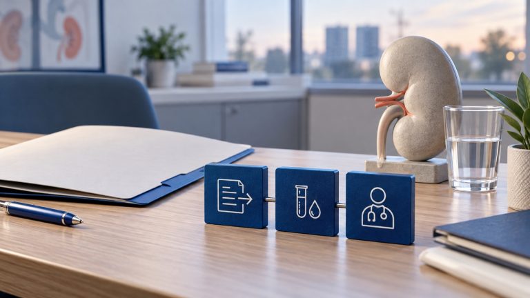 Kidney-shaped model, glass of water and three blue referral blocks on a clinic table