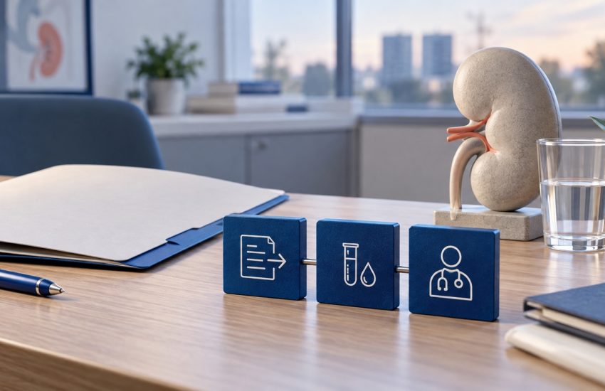 Kidney-shaped model, glass of water and three blue referral blocks on a clinic table