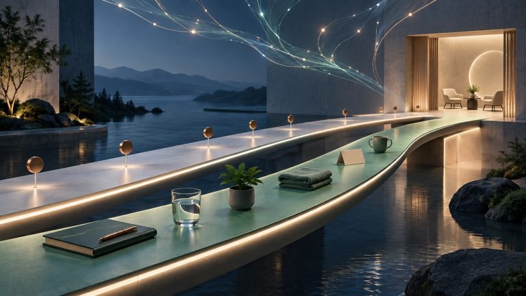 Two illuminated care paths crossing a calm landscape and joining at a specialist consultation room