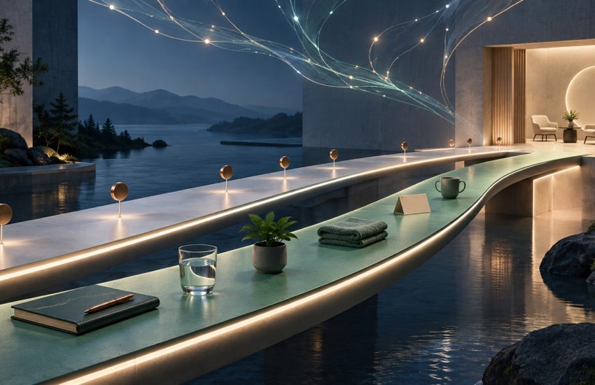 Two illuminated care paths crossing a calm landscape and joining at a specialist consultation room