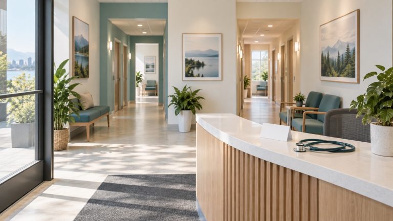 Bright Canadian primary-care reception with two calm consultation corridors
