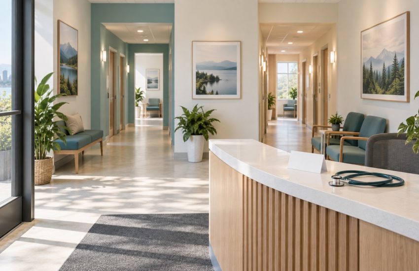 Bright Canadian primary-care reception with two calm consultation corridors