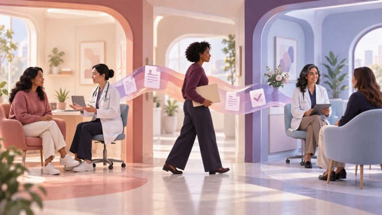Patient moving through a calm three-stage OB-GYN referral corridor