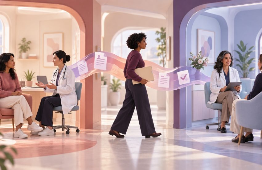 Patient moving through a calm three-stage OB-GYN referral corridor