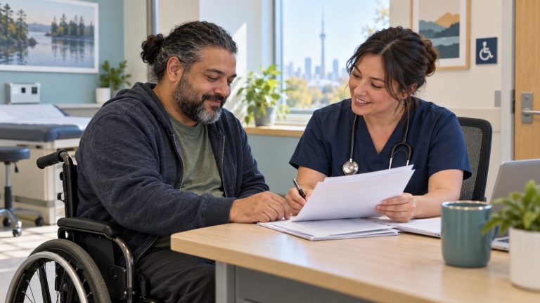 Ontario applicant discussing ODSP forms with a health professional in an accessible clinic