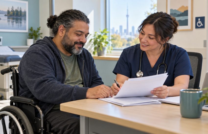 Ontario applicant discussing ODSP forms with a health professional in an accessible clinic