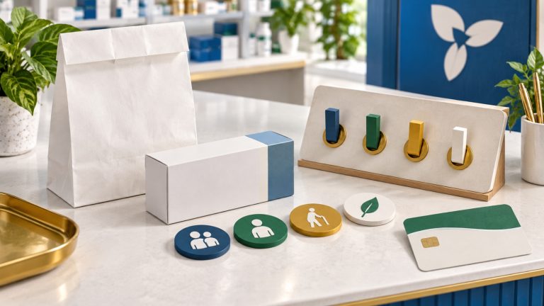 Ontario pharmacy counter with blank prescription packaging, eligibility tokens and a coverage switchboard